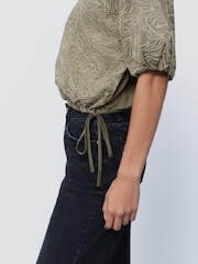 Sage Green Puff Sleeve Cornelli Detail Drawstring Top - Image 4 of 6