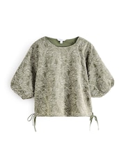 Sage Green Puff Sleeve Cornelli Detail Drawstring Top - Image 5 of 6