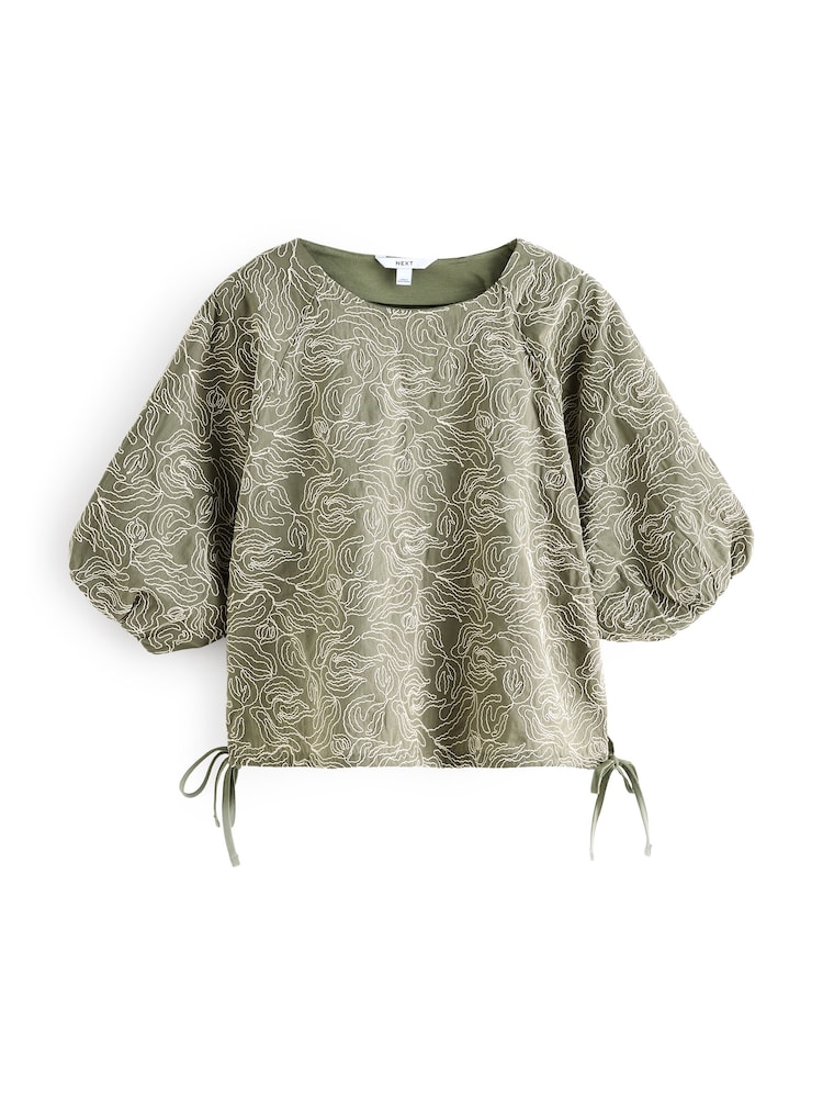 Sage Green Puff Sleeve Cornelli Detail Drawstring Top - Image 5 of 6
