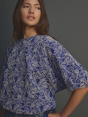 Cobalt Blue Puff Sleeve Cornelli Detail Drawstring Top - Image 1 of 4