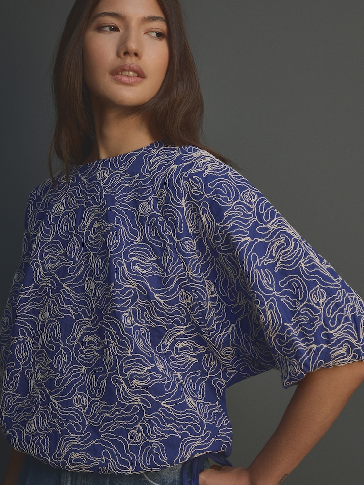 Cobalt Blue Puff Sleeve Cornelli Detail Drawstring Top - Image 1 of 4