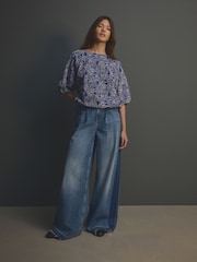 Cobalt Blue Puff Sleeve Cornelli Detail Drawstring Top - Image 2 of 4
