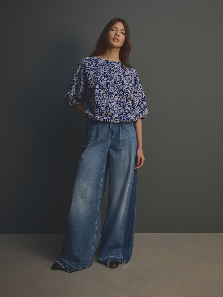 Cobalt Blue Puff Sleeve Cornelli Detail Drawstring Top - Image 2 of 4