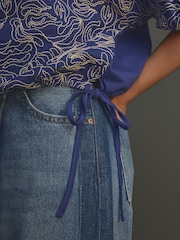 Cobalt Blue Puff Sleeve Cornelli Detail Drawstring Top - Image 4 of 4