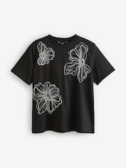 Black Beaded Floral Embelished 100% Cotton T-Shirt - Image 1 of 7