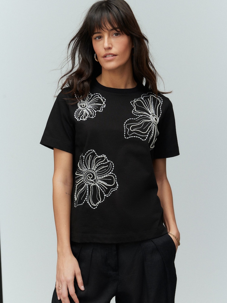 Black - Beaded Floral Embelished 100% Cotton T-Shirt - Image 1 of 7 Black - Beaded Floral Embelished 100% Cotton T-Shirt - Image 1 of 7