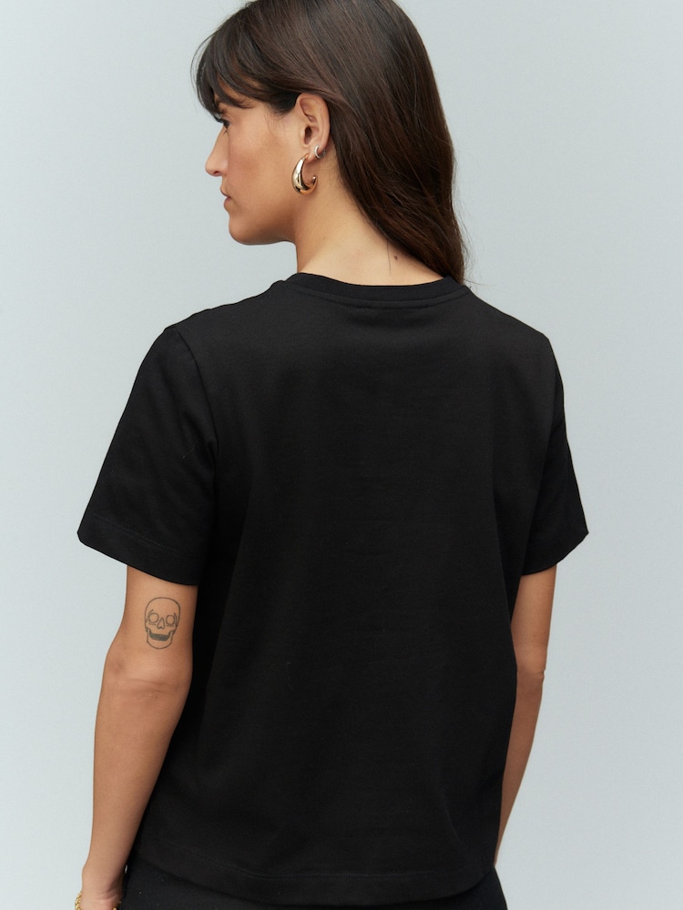 Black - Beaded Floral Embelished 100% Cotton T-Shirt - Image 2 of 7 Black - Beaded Floral Embelished 100% Cotton T-Shirt - Image 2 of 7