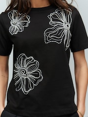 Black Beaded Floral Embelished 100% Cotton T-Shirt - Image 4 of 7