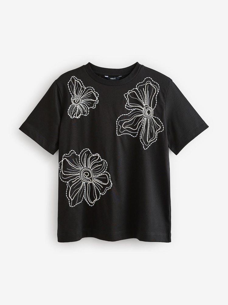 Black Beaded Floral Embelished 100% Cotton T-Shirt - Image 5 of 7