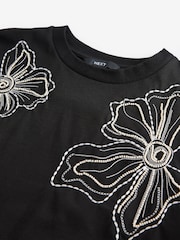 Black Beaded Floral Embelished 100% Cotton T-Shirt - Image 6 of 7