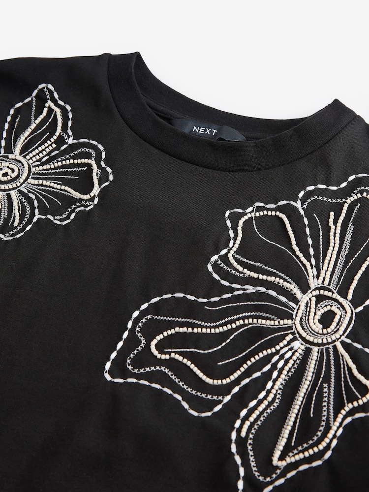 Black Beaded Floral Embelished 100% Cotton T-Shirt - Image 6 of 7
