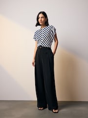 Navy/White Stripe Flutter Sleeve Textured Smart Top - Image 2 of 8
