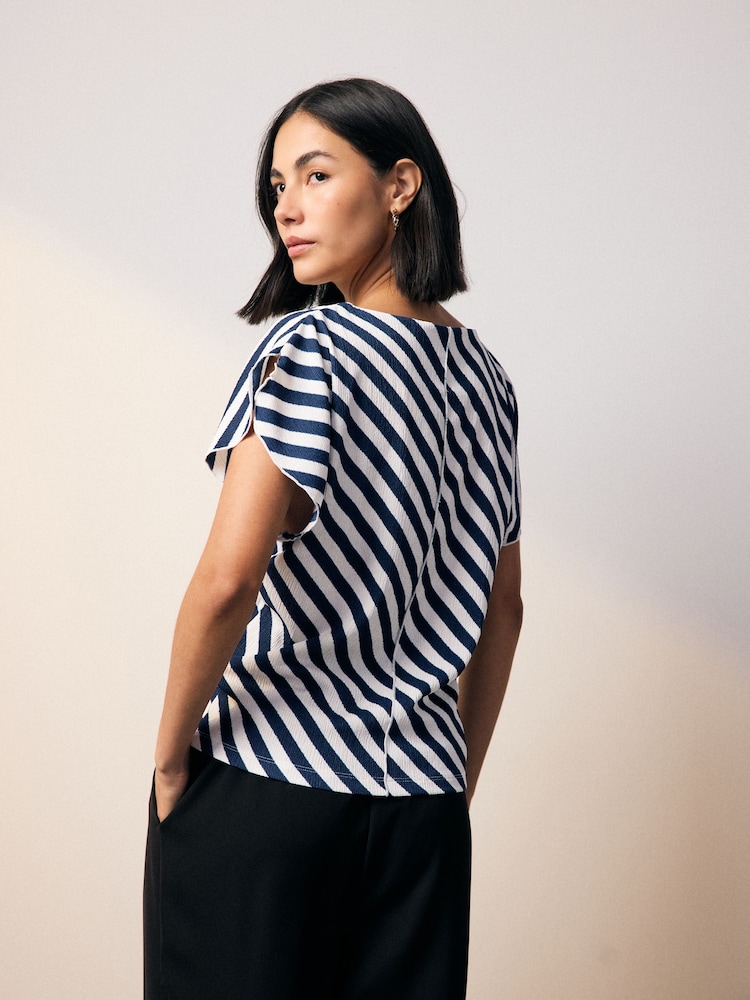 Navy/White Stripe Flutter Sleeve Textured Smart Top - Image 3 of 8