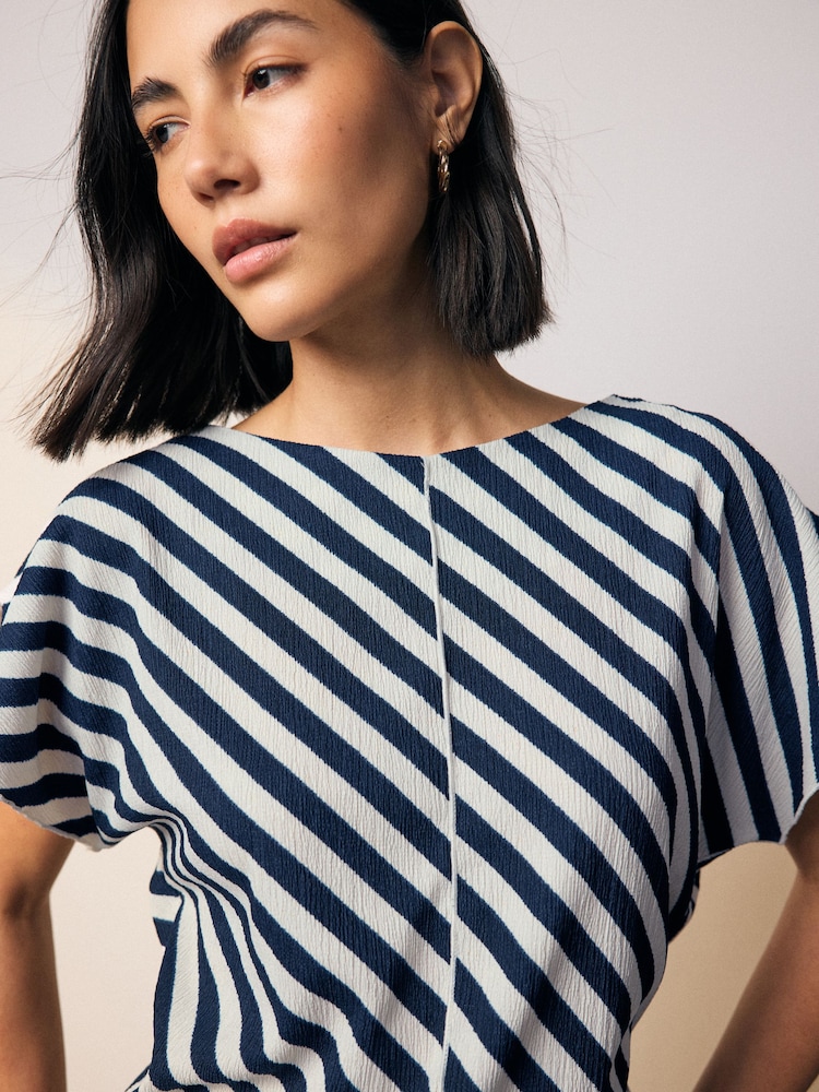 Navy/White Stripe Flutter Sleeve Textured Smart Top - Image 5 of 8