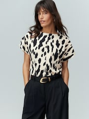 Cow Print Flutter Sleeve Textured Smart Top - Image 1 of 4