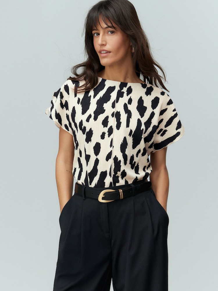 Cow Print Flutter Sleeve Textured Smart Top - Image 1 of 4