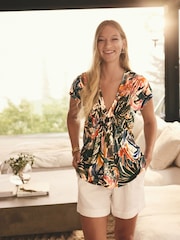 Green Palm Print Pintuck V-Neck Top - Image 3 of 7