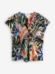 Green Palm Print Pintuck V-Neck Top - Image 5 of 7