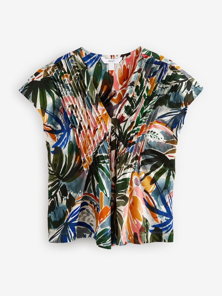 Green Palm Print Pintuck V-Neck Top - Image 5 of 7