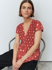 Rust/Ecru Polka Dot Pintuck V-Neck Top - Image 1 of 7
