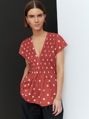 Rust/Ecru Polka Dot Pintuck V-Neck Top - Image 2 of 7