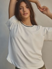 White Contrast Neck Trim Crepe Boxy T-Shirt - Image 2 of 9