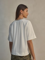 White Contrast Neck Trim Crepe Boxy T-Shirt - Image 4 of 9