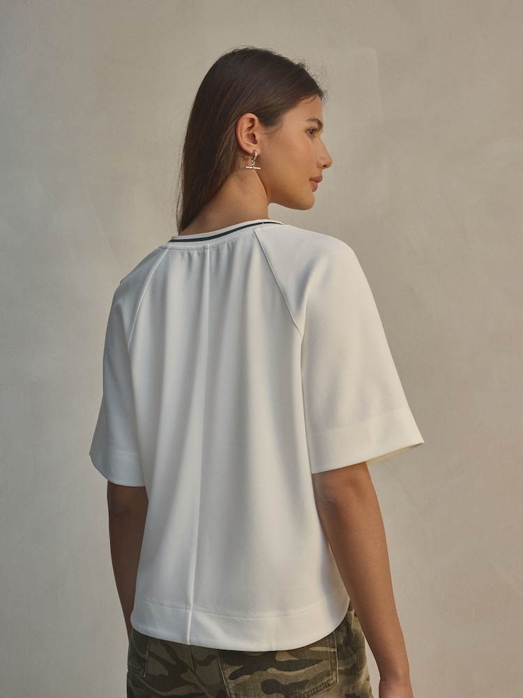 White Contrast Neck Trim Crepe Boxy T-Shirt - Image 4 of 9