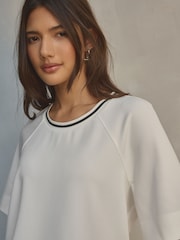 White Contrast Neck Trim Crepe Boxy T-Shirt - Image 5 of 9