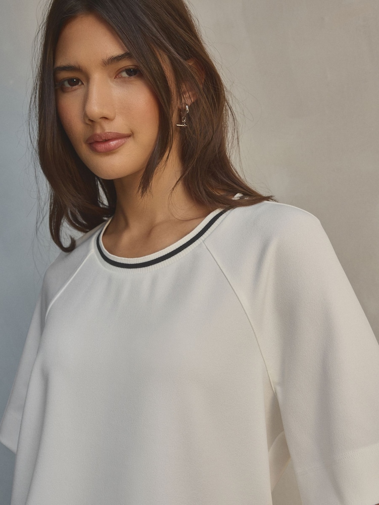 White Contrast Neck Trim Crepe Boxy T-Shirt - Image 5 of 9