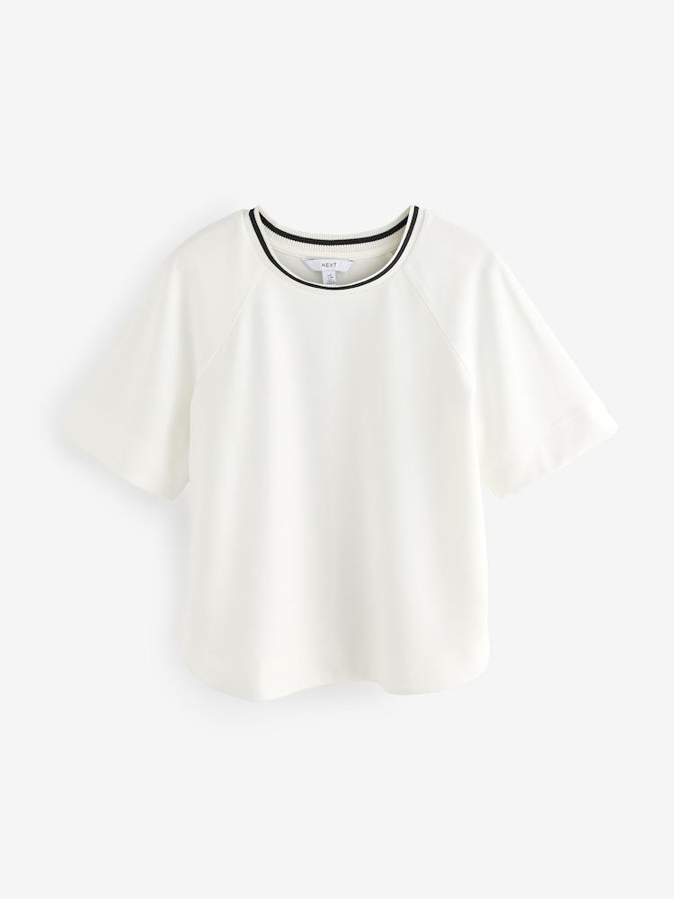 White Contrast Neck Trim Crepe Boxy T-Shirt - Image 7 of 9