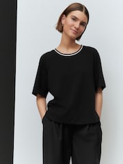 Black Contrast Neck Trim Crepe Boxy T-Shirt - Image 1 of 7