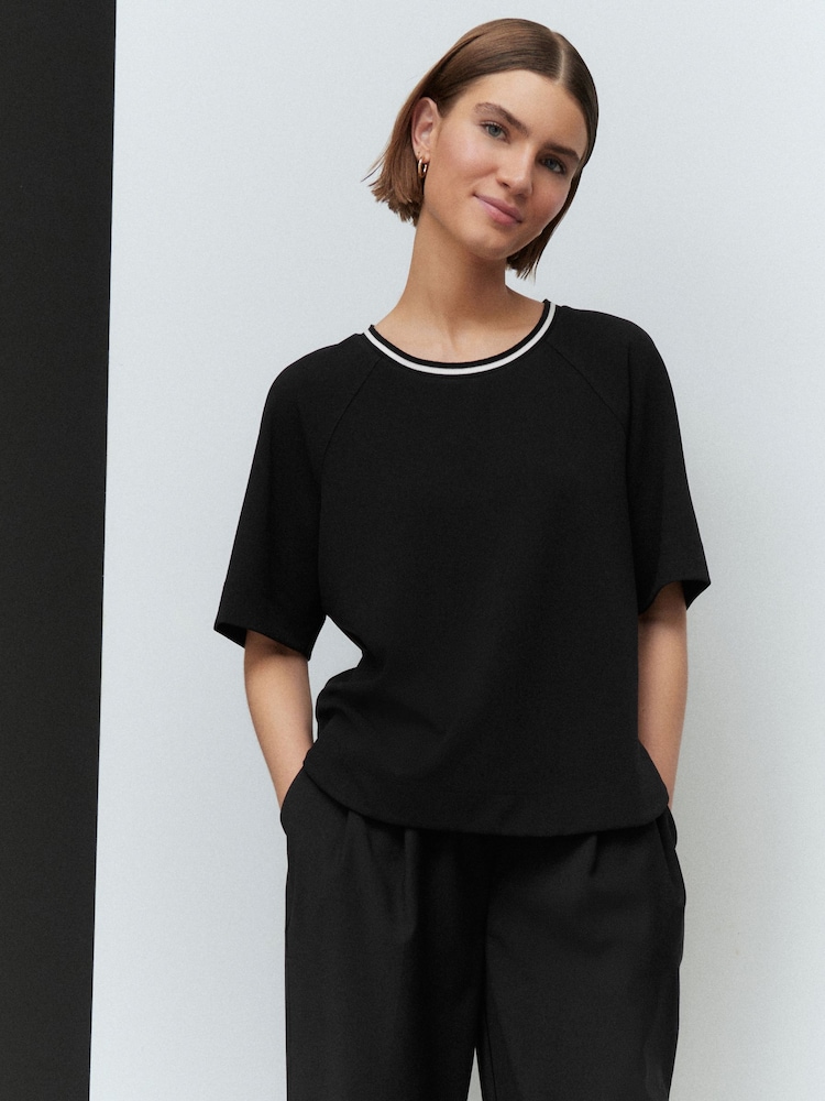 Black Contrast Neck Trim Crepe Boxy T-Shirt - Image 1 of 7
