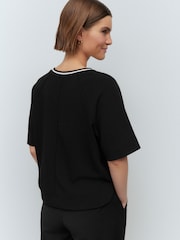 Black Contrast Neck Trim Crepe Boxy T-Shirt - Image 3 of 7