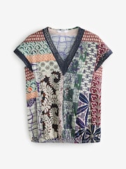 Blue Patch Print Short Sleeve Lace V-Neck Bubblehem 100% Cotton Top - Image 4 of 6