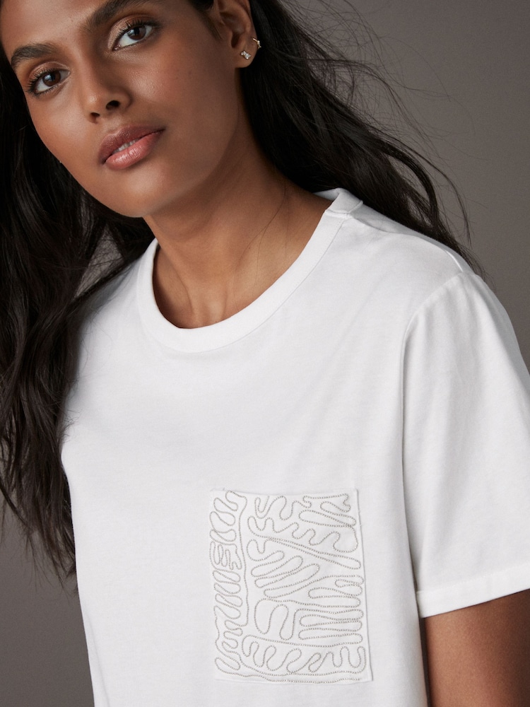 White Embellished Pocket 100% Cotton T-Shirt - Image 4 of 5