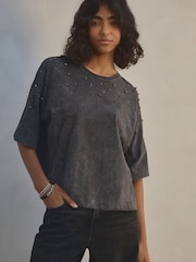 Washed Grey 100% Cotton Scatter Sparkle Washed T-Shirt - Image 1 of 5
