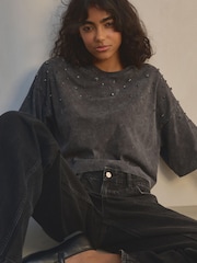 Washed Grey 100% Cotton Scatter Sparkle Washed T-Shirt - Image 3 of 5