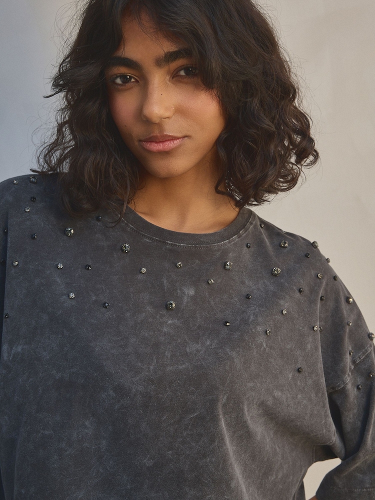 Washed Grey 100% Cotton Scatter Sparkle Washed T-Shirt - Image 5 of 5