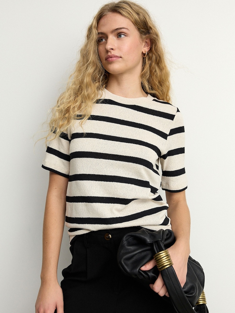 Black/Ecru Short Sleeve Crew Neck Knitted T-Shirt - Image 1 of 8