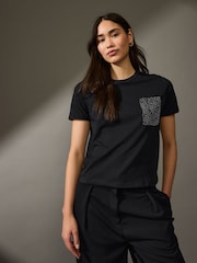 Black Embellished Pocket 100% Cotton T-Shirt - Image 1 of 6