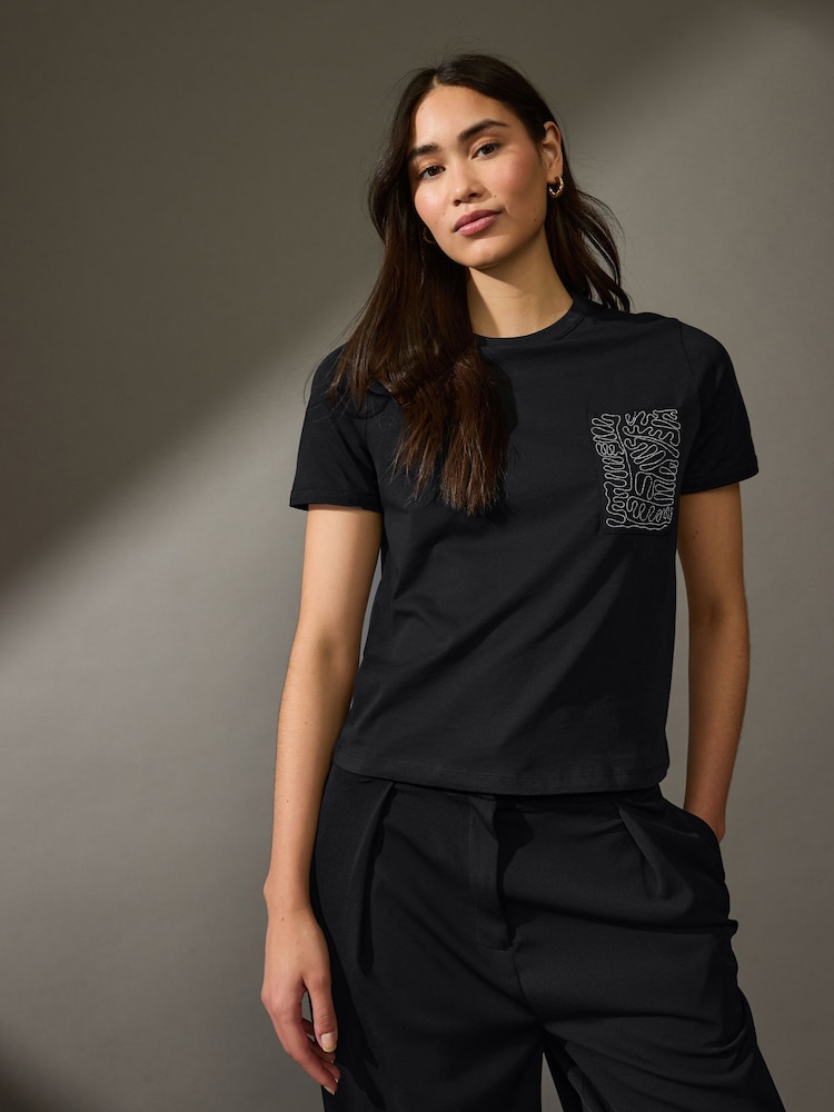 Black Embellished Pocket 100% Cotton T-Shirt - Image 1 of 6