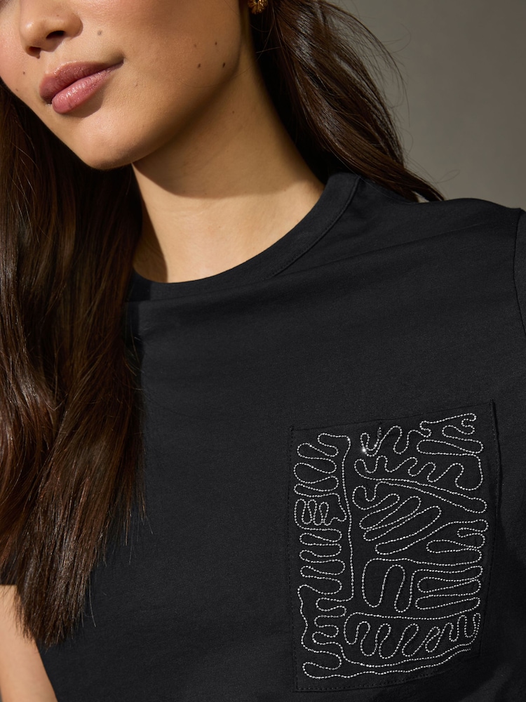 Black Embellished Pocket 100% Cotton T-Shirt - Image 3 of 6