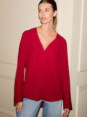 أحمر - Relaxed Fit Long Sleeve Overhead V-Neck Blouse - صورة 2 من 8