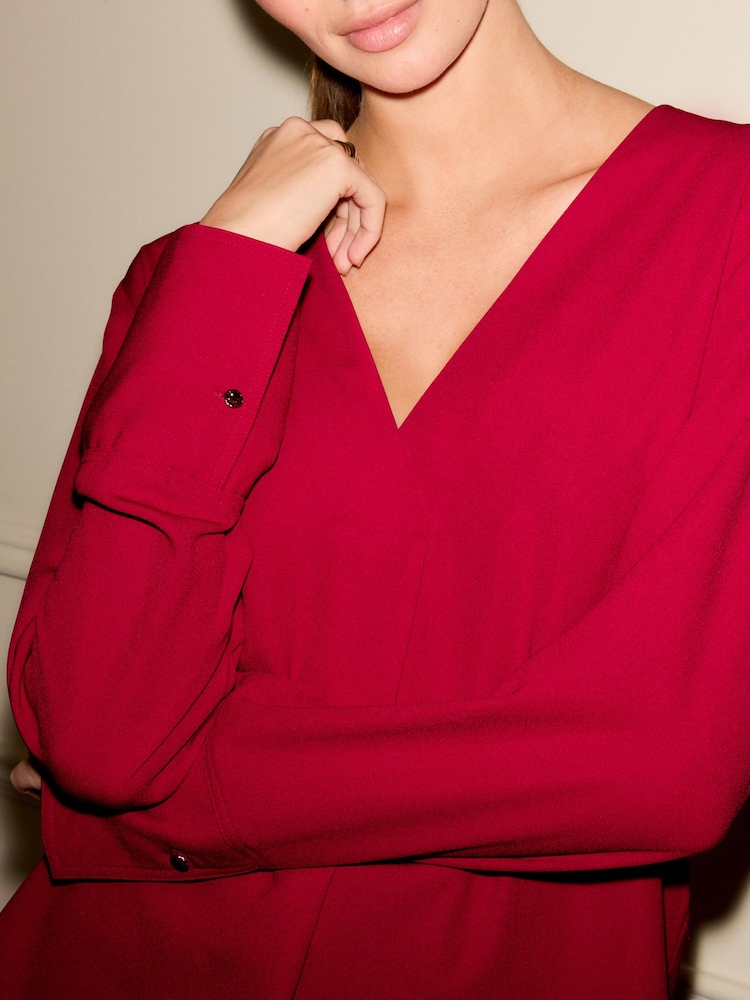 Red Relaxed Fit Long Sleeve Overhead V-Neck Blouse - Image 5 of 8