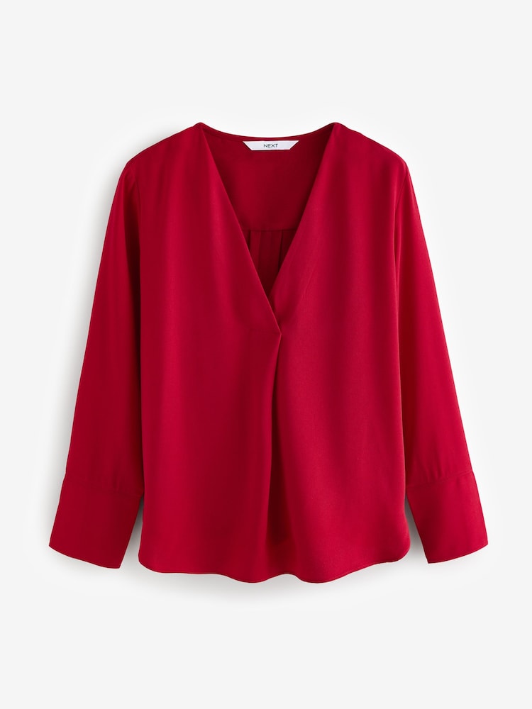 Red Relaxed Fit Long Sleeve Overhead V-Neck Blouse - Image 6 of 8