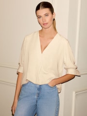 Stone Relaxed Fit Long Sleeve Overhead V-Neck Blouse - Image 1 of 6