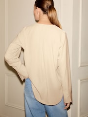Stone Relaxed Fit Long Sleeve Overhead V-Neck Blouse - Image 2 of 6