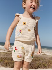 Ecru Crochet Knit 100% Cotton Shorts Set (3mths-7yrs) - Image 1 of 10