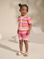 Pink Knitted Stripe Co-ord 100% Cotton Top & Shorts Set (3mths-7yrs) - Image 1 of 8